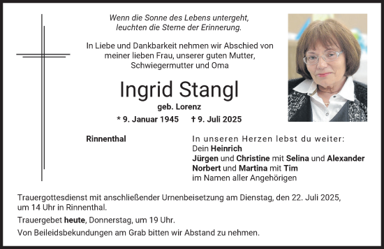 Traueranzeige von Ingrid Stangl von Friedberger Allgemeine