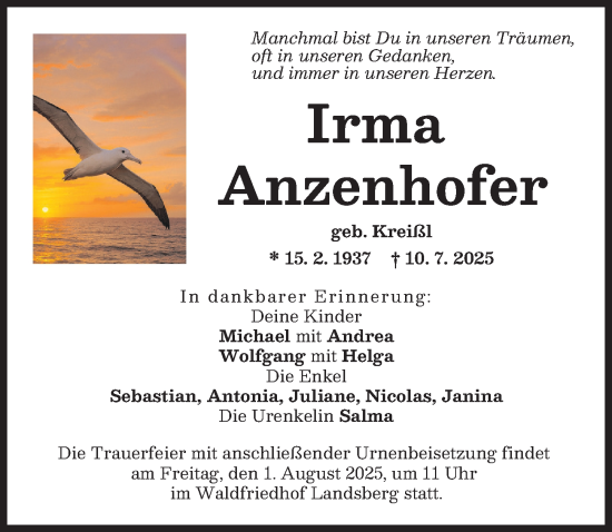 Traueranzeige von Irma Anzenhofer von Landsberger Tagblatt