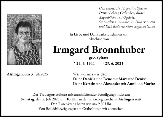 Traueranzeige von Irmgard Bronnhuber von Günzburger Zeitung, Donau Zeitung