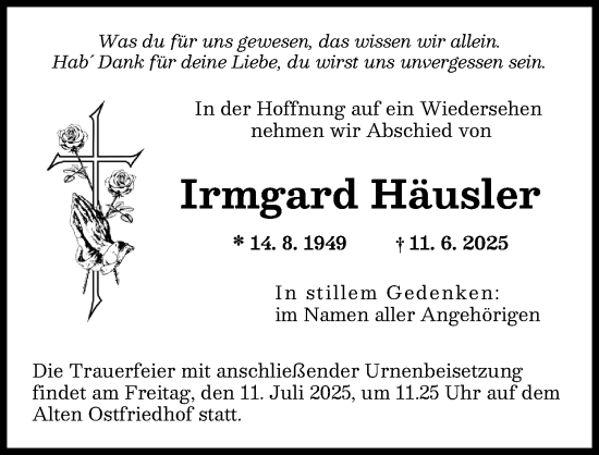 Traueranzeige von Irmgard Häusler von Augsburger Allgemeine