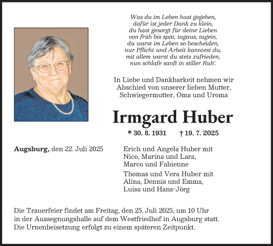 Traueranzeige von Irmgard Huber von Augsburger Allgemeine