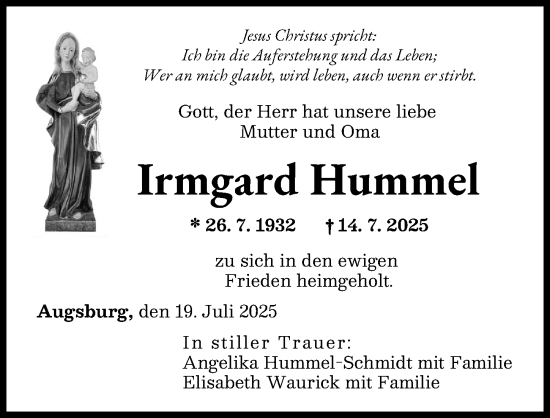 Traueranzeige von Irmgard Hummel von Augsburger Allgemeine
