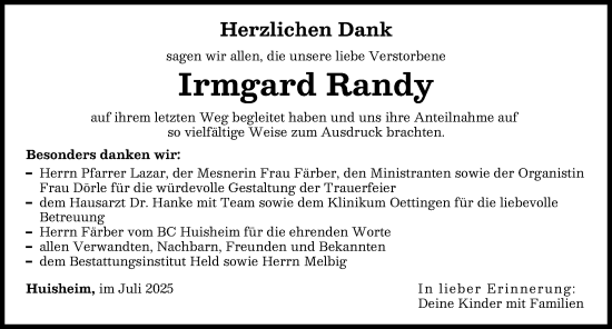 Traueranzeige von Irmgard Randy von Donauwörther Zeitung