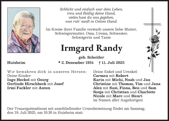 Traueranzeige von Irmgard Randy von Donauwörther Zeitung