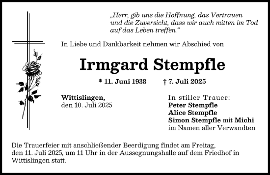 Traueranzeige von Irmgard Stempfle von Donau Zeitung