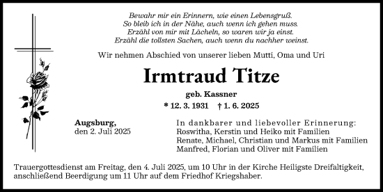 Traueranzeige von Irmtraud Titze von Augsburger Allgemeine