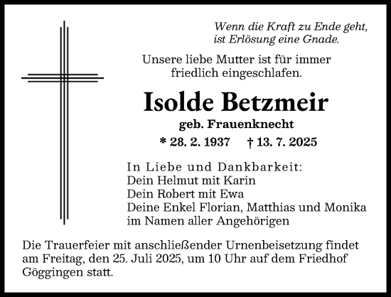 Traueranzeige von Isolde Betzmeir von Augsburger Allgemeine