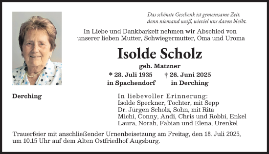 Traueranzeige von Isolde Scholz von Augsburger Allgemeine