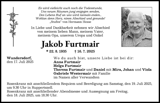 Traueranzeige von Jakob Furtmair von Aichacher Nachrichten