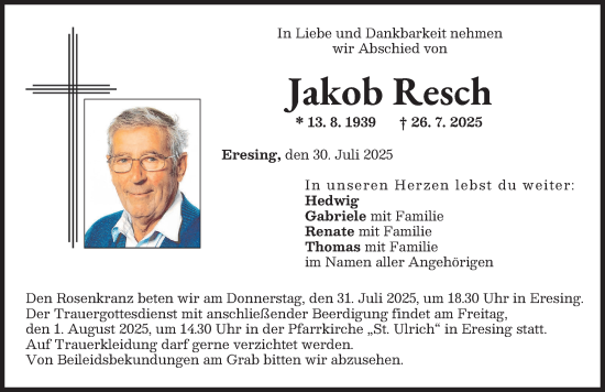 Traueranzeige von Jakob Resch von Landsberger Tagblatt