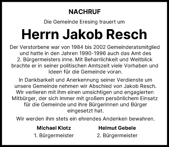 Traueranzeige von Jakob Resch von Landsberger Tagblatt