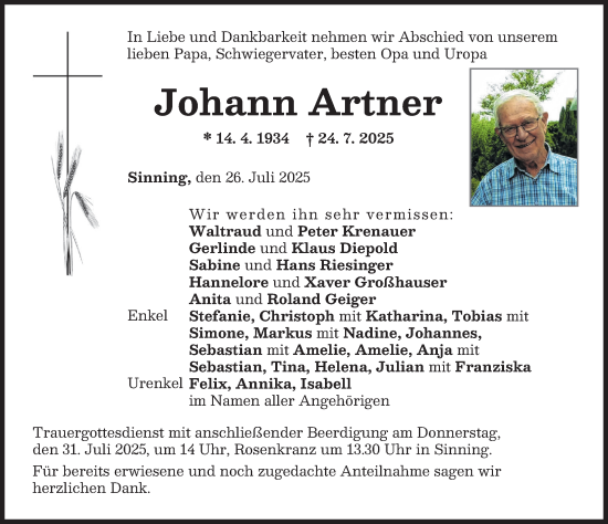 Traueranzeige von Johann Artner von Neuburger Rundschau
