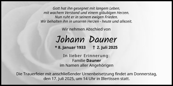 Traueranzeige von Johann Dauner von Illertisser Zeitung