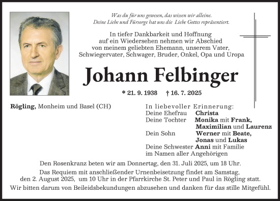 Traueranzeige von Johann Felbinger von Donauwörther Zeitung