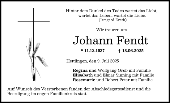Traueranzeige von Johann Fendt von Wertinger Zeitung, Donau Zeitung