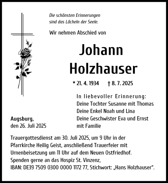 Traueranzeige von Johann Holzhauser von Augsburger Allgemeine