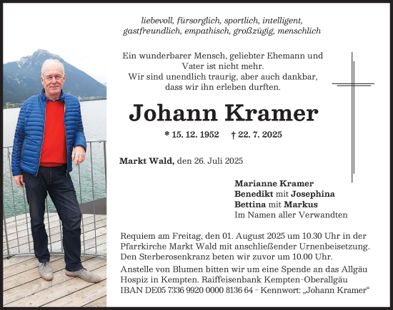 Traueranzeige von Johann Kramer von Mindelheimer Zeitung