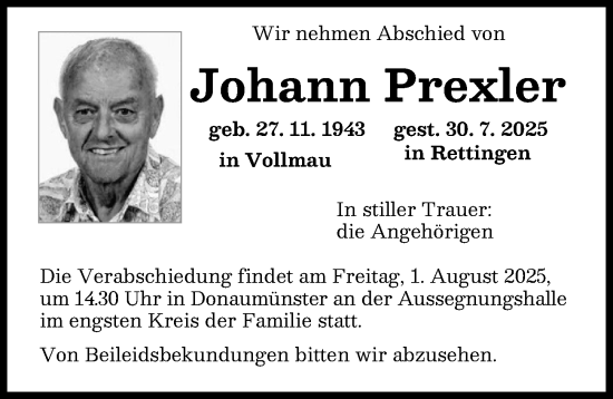 Traueranzeige von Johann Prexler von Donauwörther Zeitung
