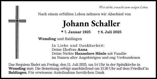 Traueranzeige von Johann Schaller von Donauwörther Zeitung