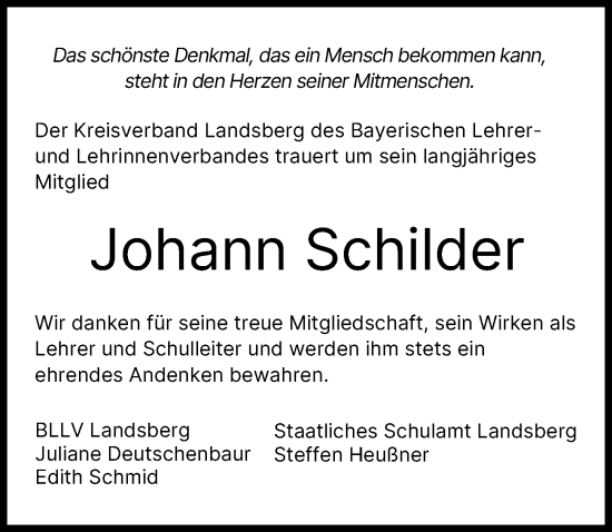 Traueranzeige von Johann Schilder von Landsberger Tagblatt