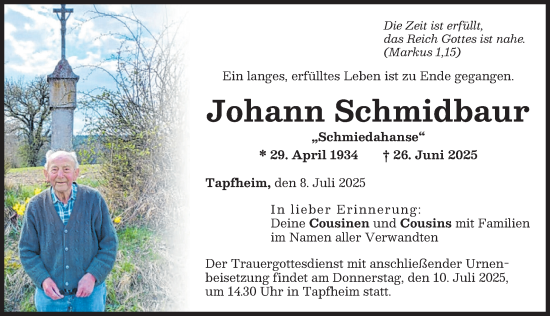 Traueranzeige von Johann Schmidbaur von Donau Zeitung, Donauwörther Zeitung