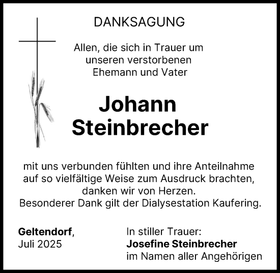 Traueranzeige von Johann Steinbrecher von Landsberger Tagblatt