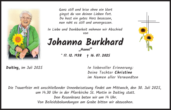 Traueranzeige von Johanna Burkhard von Donauwörther Zeitung
