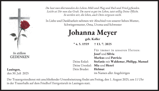 Traueranzeige von Johanna Meyer von Donau Zeitung