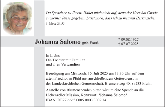 Traueranzeige von Johanna Salomo von Neu-Ulmer Zeitung