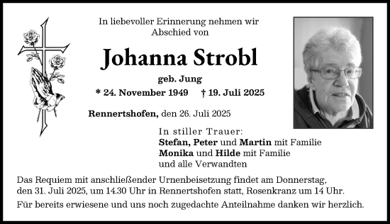 Traueranzeige von Johanna Strobl von Augsburger Allgemeine