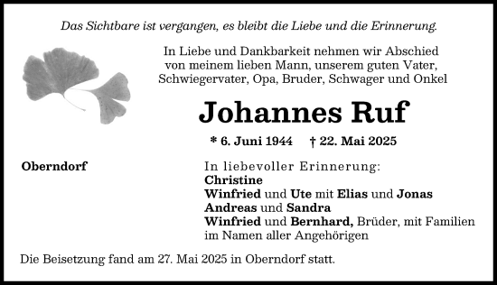 Traueranzeige von Johannes Ruf von Augsburg-Land