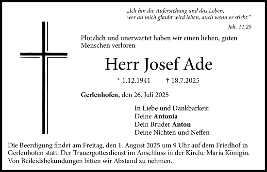 Traueranzeige von Josef Ade von Neu-Ulmer Zeitung