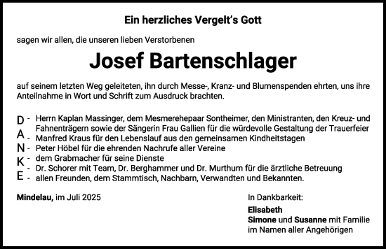 Traueranzeige von Josef Bartenschlager von Mindelheimer Zeitung