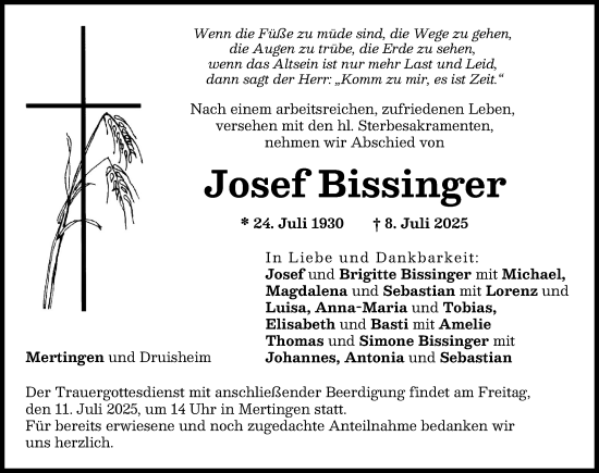 Traueranzeige von Josef Bissinger von Donauwörther Zeitung