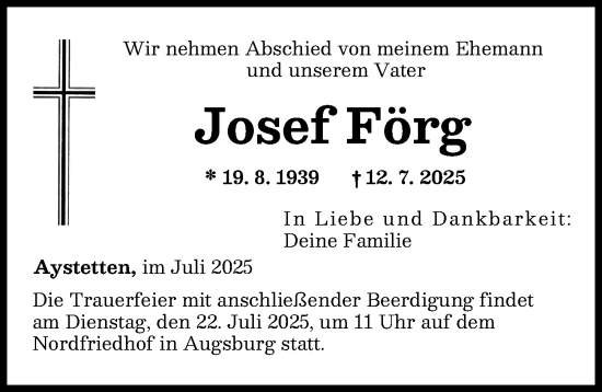 Traueranzeige von Josef Förg von Augsburger Allgemeine