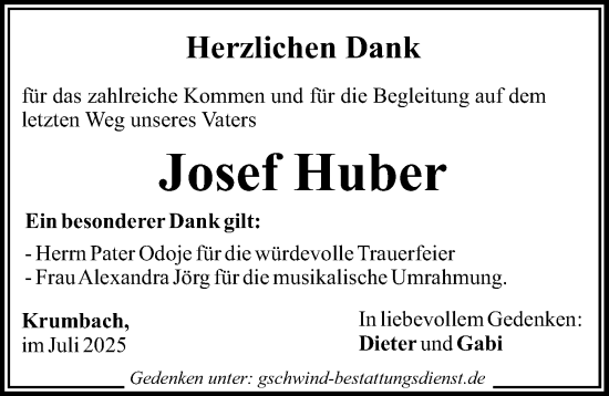 Traueranzeige von Josef Huber von Mittelschwäbische Nachrichten