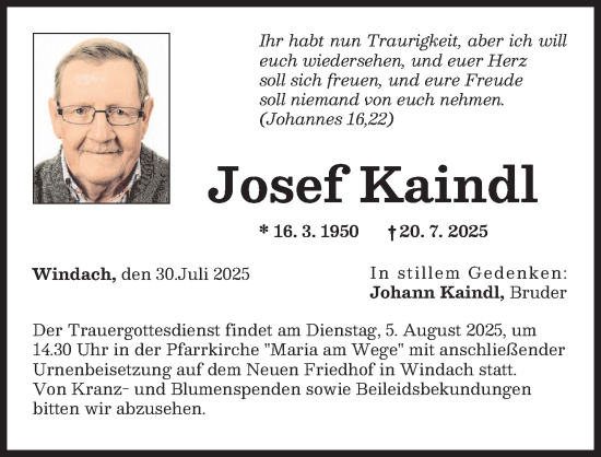 Traueranzeige von Josef Kaindl von Landsberger Tagblatt