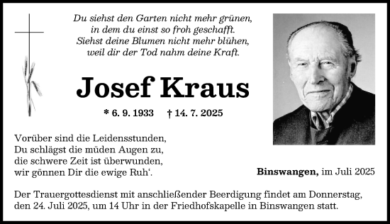 Traueranzeige von Josef Kraus von Wertinger Zeitung