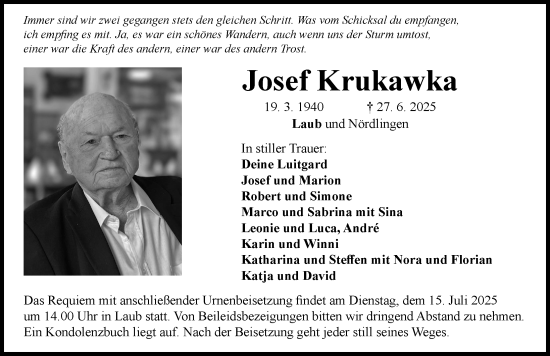 Traueranzeige von Josef Krukawka von Rieser Nachrichten