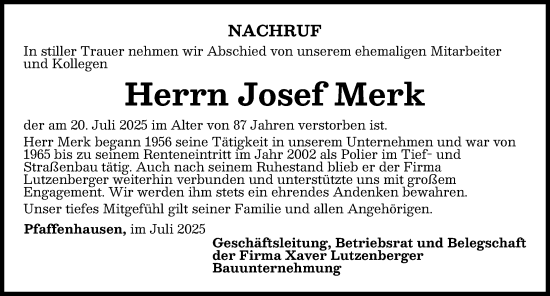 Traueranzeige von Josef Merk von Mindelheimer Zeitung