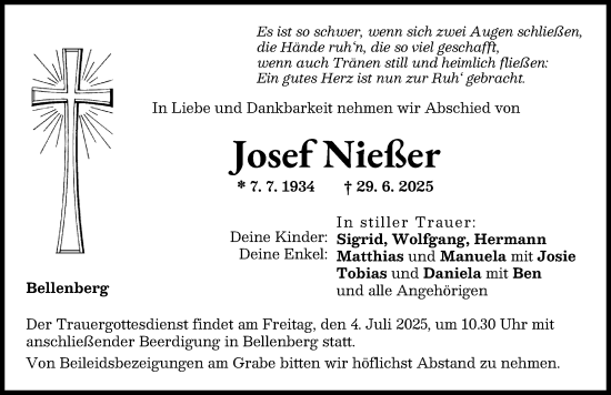 Traueranzeige von Josef Nießer von Illertisser Zeitung