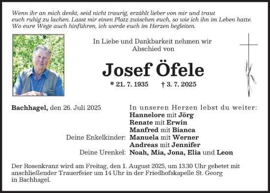 Traueranzeige von Josef Öfele von Donau Zeitung, Wertinger Zeitung
