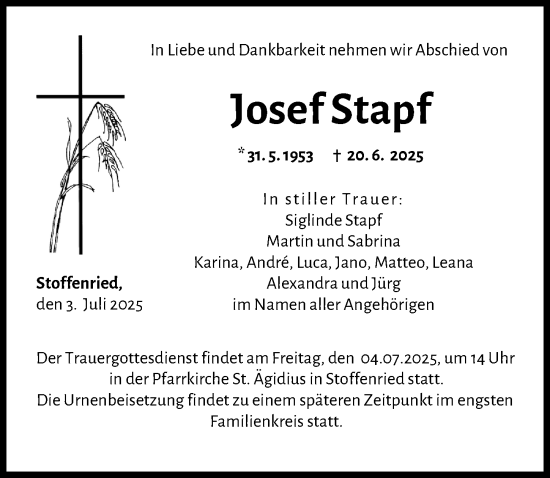 Traueranzeige von Josef Stapf von Mittelschwäbische Nachrichten