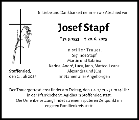Traueranzeige von Josef Stapf von Günzburger Zeitung