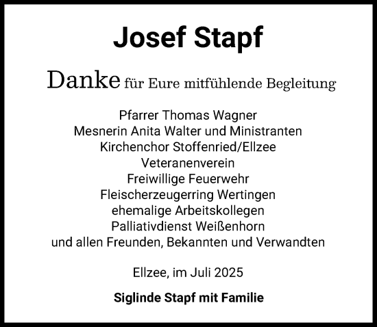 Traueranzeige von Josef Stapf von Mittelschwäbische Nachrichten