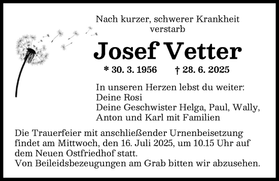 Traueranzeige von Josef Vetter von Augsburger Allgemeine