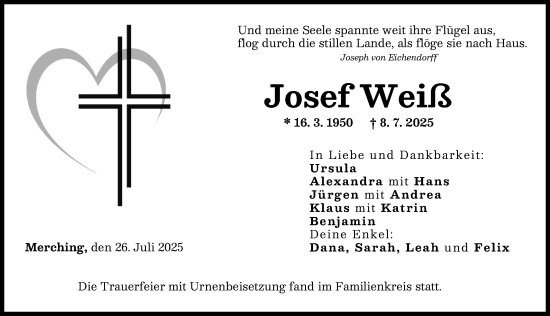 Traueranzeige von Josef Weiß von Friedberger Allgemeine
