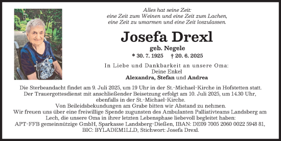 Traueranzeige von Josefa Drexl von Landsberger Tagblatt