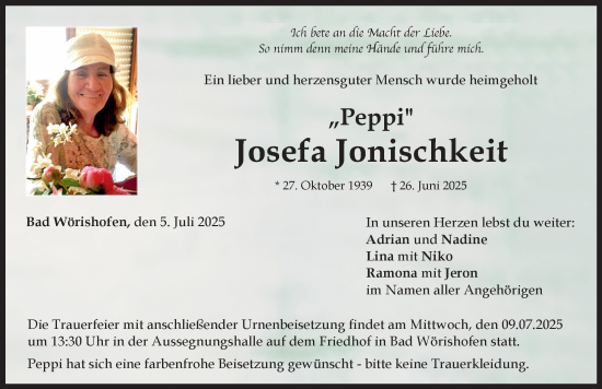 Traueranzeige von Josefa Jonischkeit von Mindelheimer Zeitung