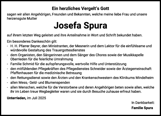Traueranzeige von Josefa Spura von Mindelheimer Zeitung